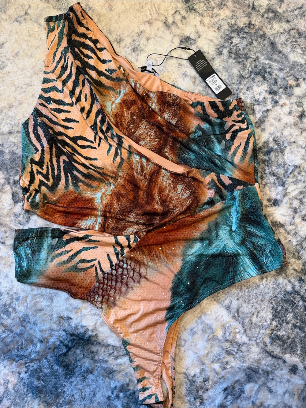 Fashion Nova One-Shoulder Bodysuit in Peach, Teal & Brown Animal Print